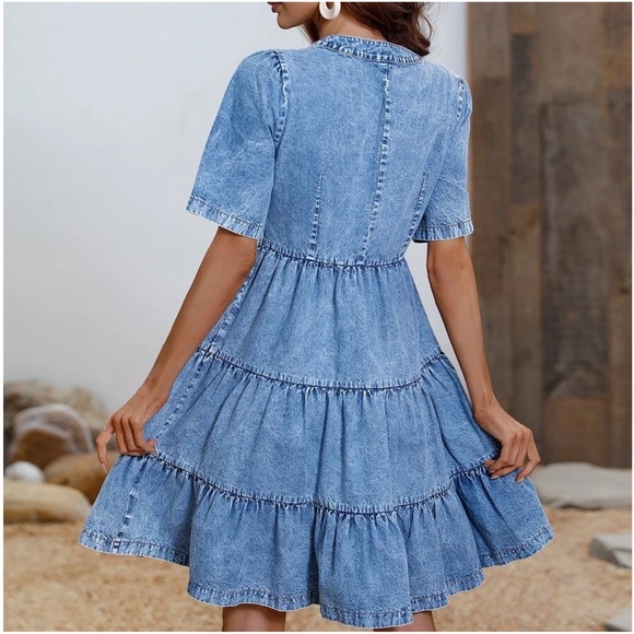 Chambray Button up Ruffle denim Mini Dress - Picture 6 of 7